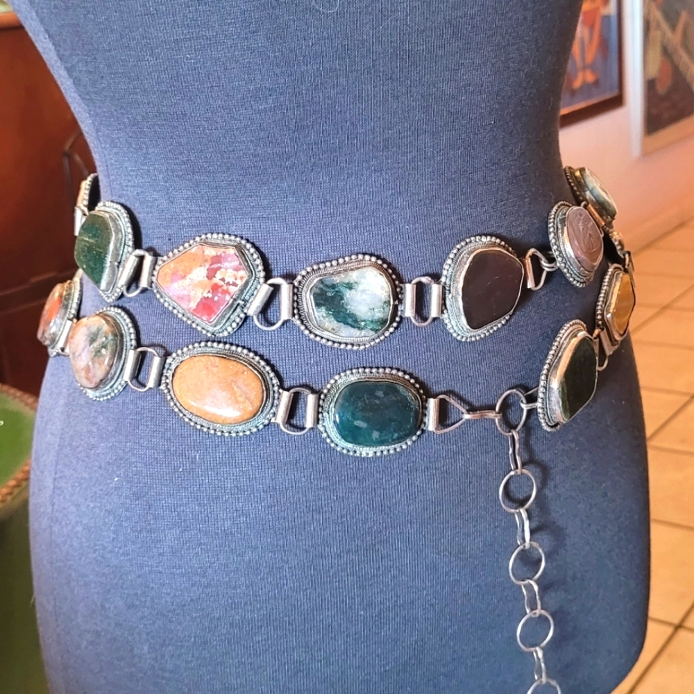 Vtg 24 BEZEL SET genuine AGATE GEMSTONES in nickel silver CONCHO BELT 75…
